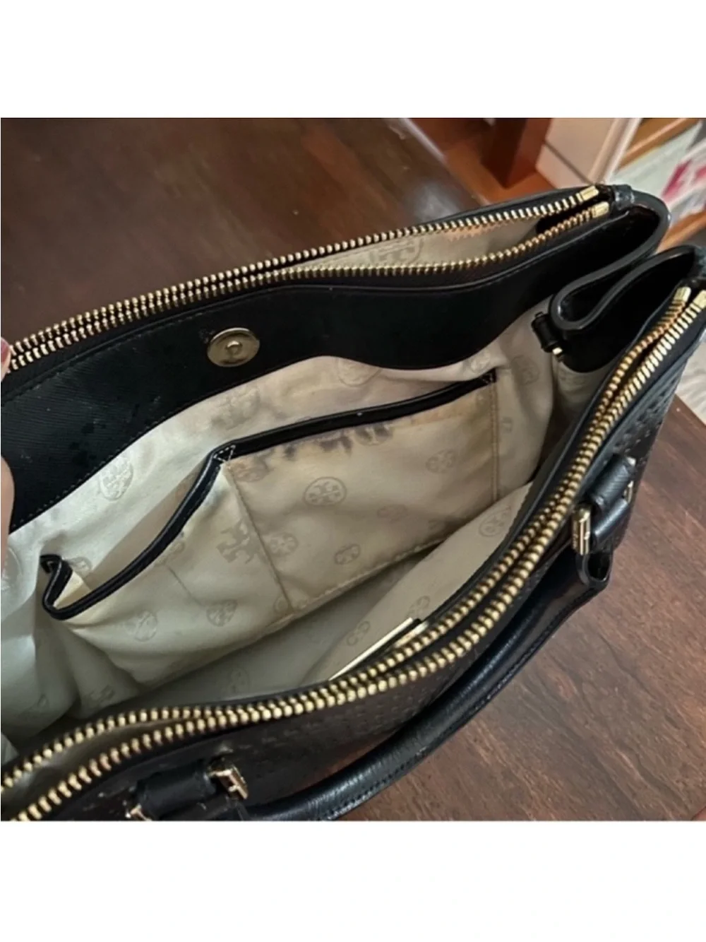 Tory Burch Black Perforated Leather Tote with Gold Logo